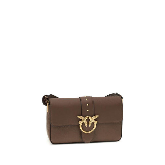 Brown PINKO Love leather Shoulder Bag with iconic Love Birds embossed buckle, adjustable strap, and magnetic flap closure.
