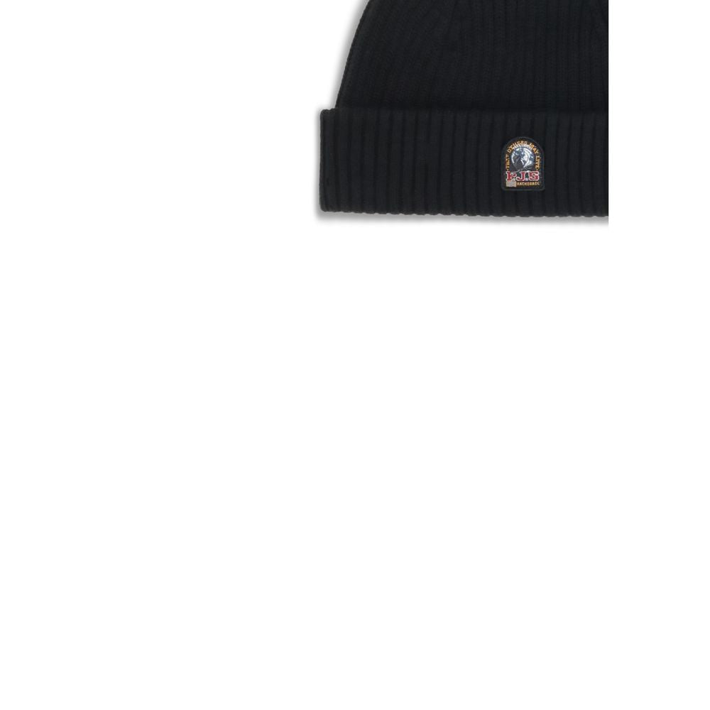 Parajumpers Ribbed Beanie Hat in black with iconic logo on lapel, featuring 70% Merino wool for comfort and fit, perfect for winter.