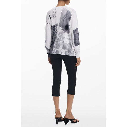 Back view of Desigual White Viscose Women Sweater with artistic patterns and classic V-neck.