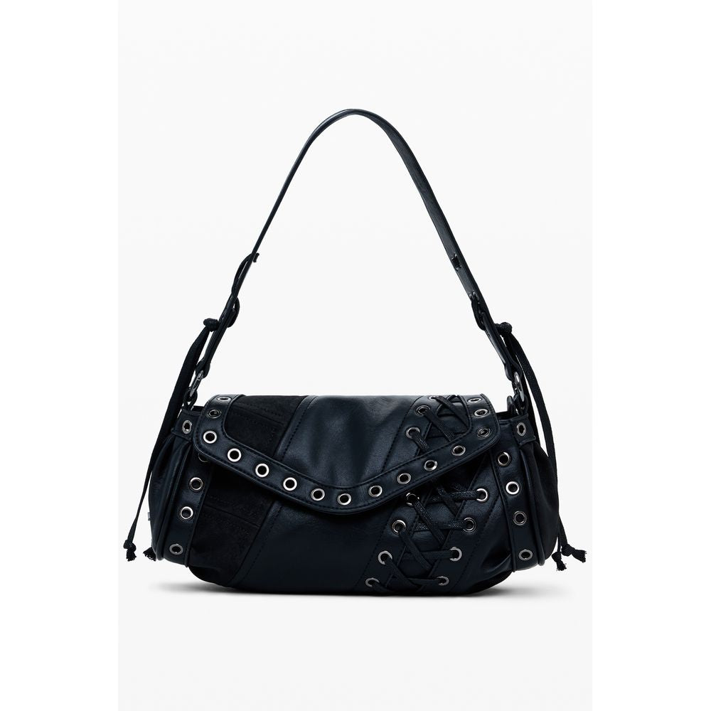 Desigual Black Polyethylene Women Handbag with adjustable strap and intricate design.