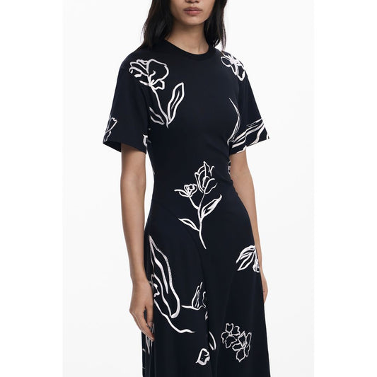 Desigual Black Cotton Women Dress with bold floral print and short sleeves, featuring a classic crew neck for a chic, eclectic look.