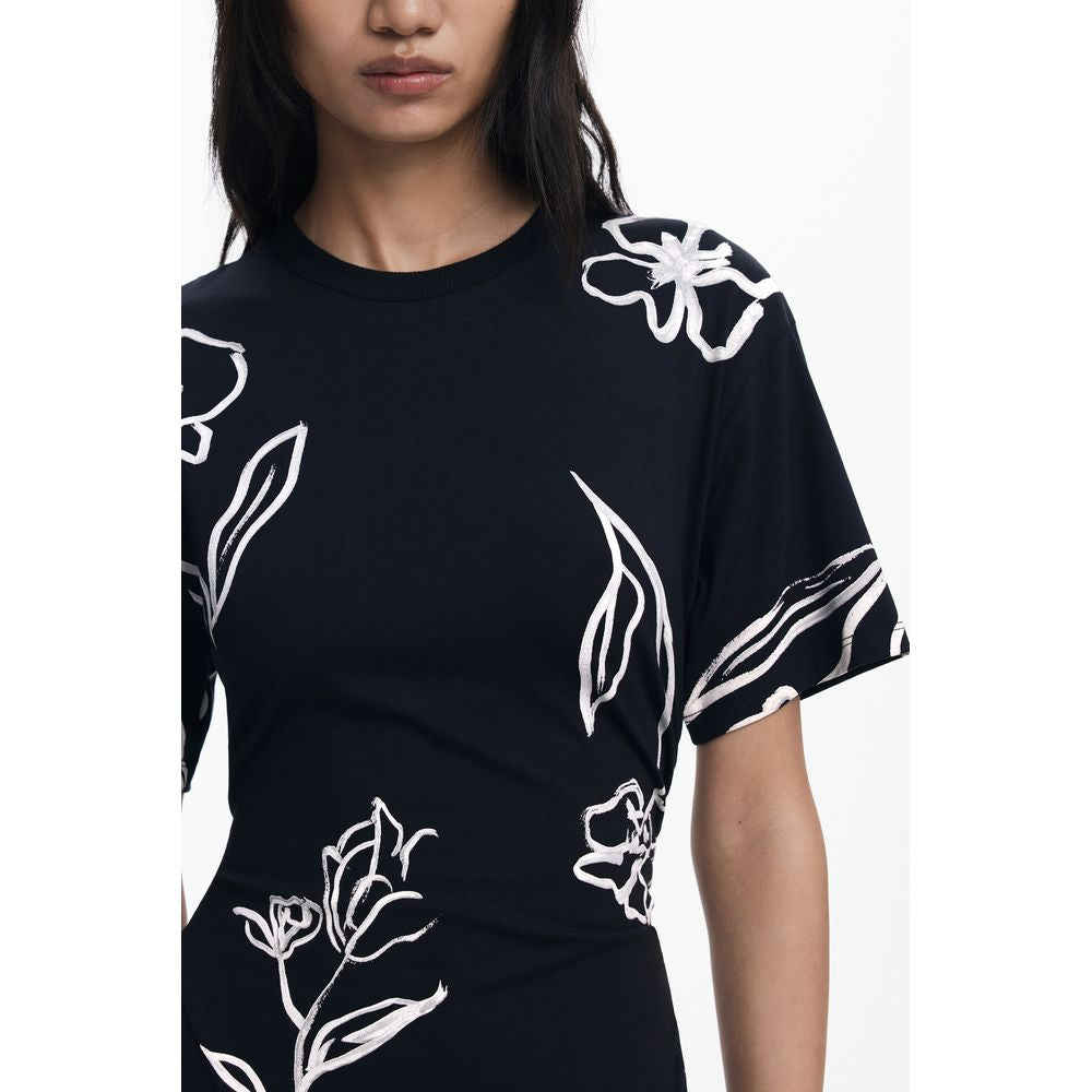 Desigual Black Cotton Women Dress with bold print and short sleeves.
