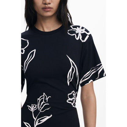 Desigual Black Cotton Women Dress with bold print and short sleeves.