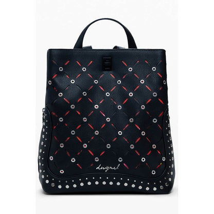 Desigual Black Polyethylene Women Backpack with studded finish, featuring adjustable straps and multiple compartments for practicality.