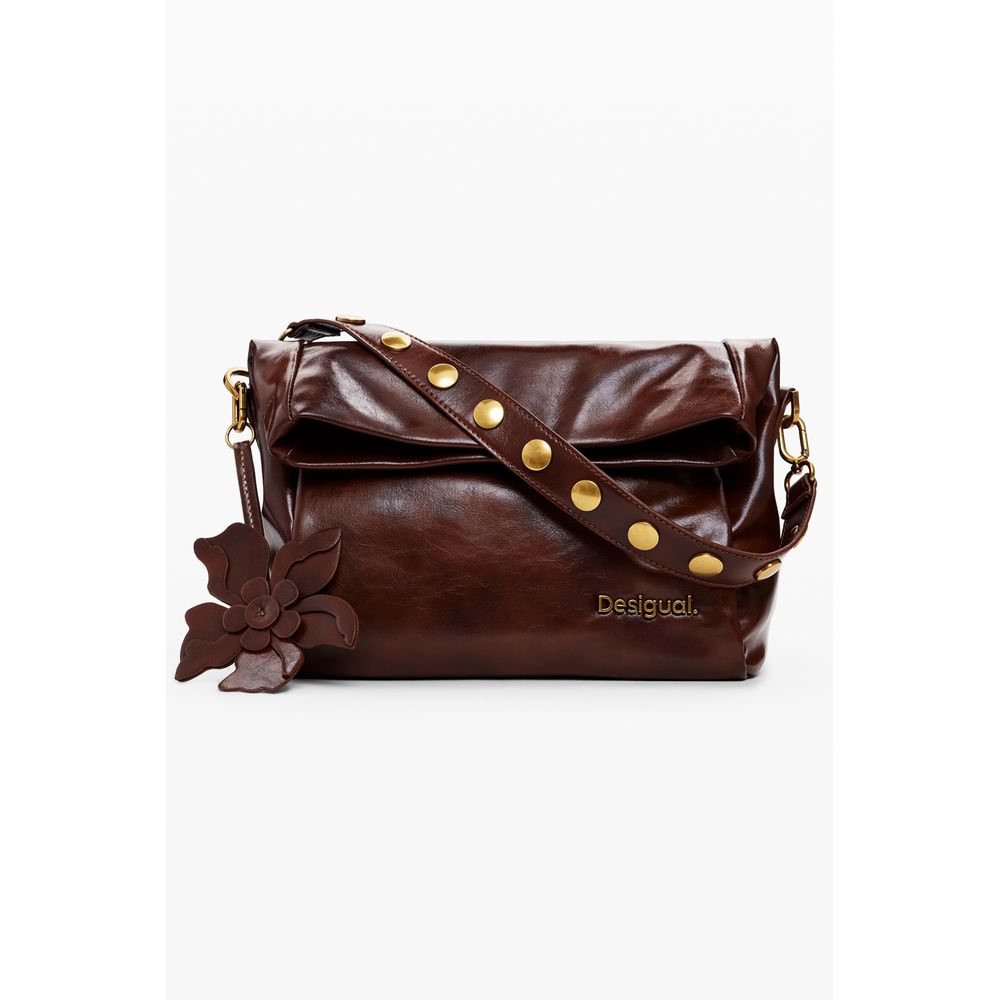 Desigual Brown Polyethylene Women Handbag with adjustable strap and flower detail.