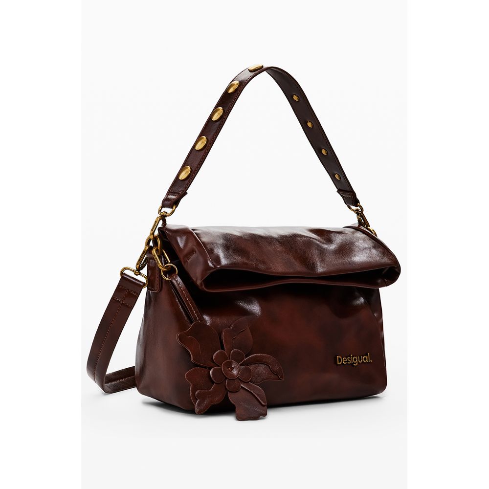 Desigual Brown Polyethylene Women Handbag with flower detail and adjustable strap, showcasing unique style and functionality.