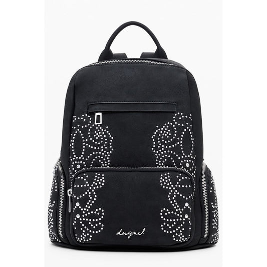 Desigual Black Polyethylene Women Backpack with studded details and contrasting design, perfect for fashion-forward trendsetters.
