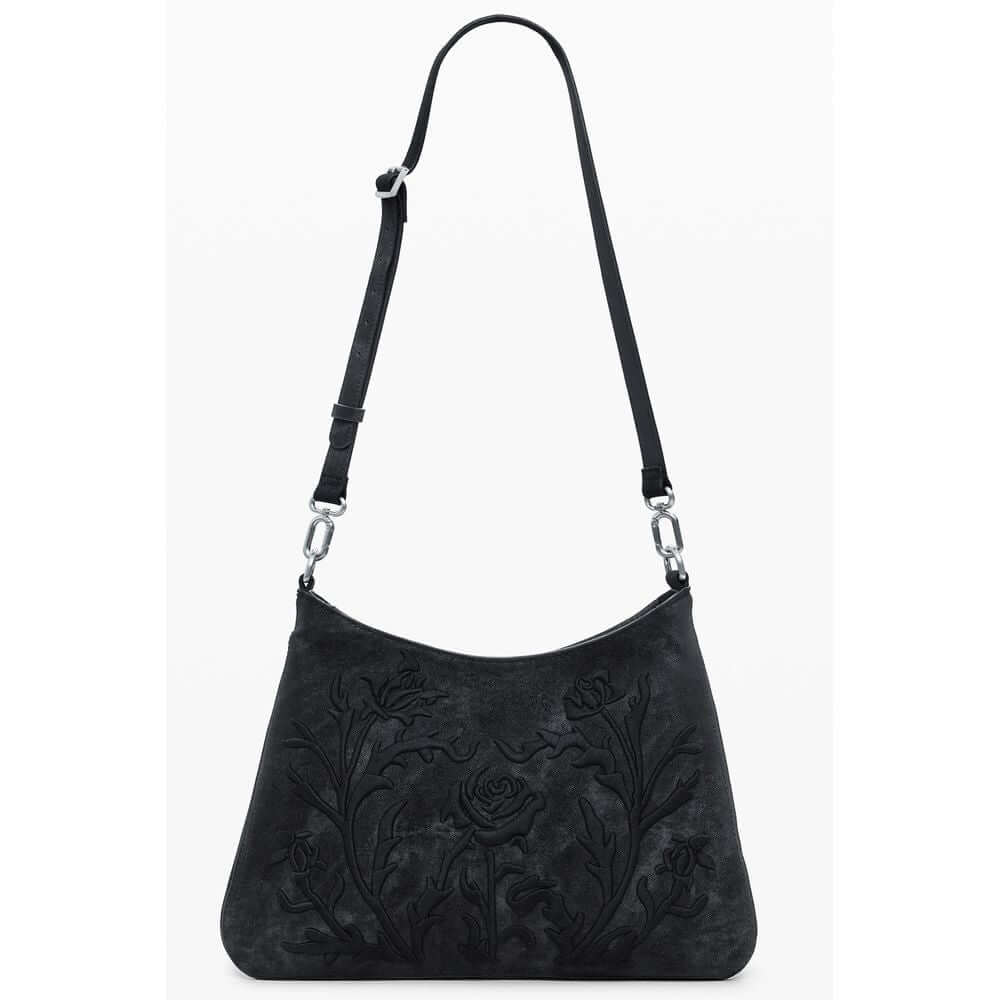 Desigual Black Polyethylene Women Handbag with floral embroidery and adjustable strap, ideal for stylish organization and versatile use.