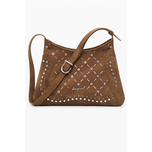 Desigual Brown Polyethylene Women Handbag with studs, adjustable strap, and zip closure, perfect for elevating your accessory collection.