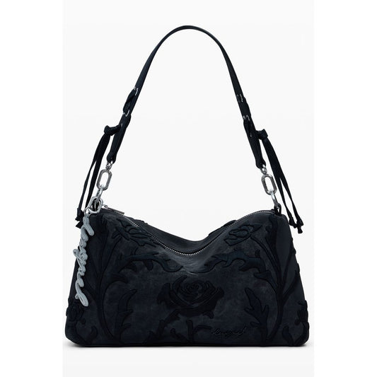 Desigual Black Polyethylene Women Handbag with floral embroidery and adjustable strap.