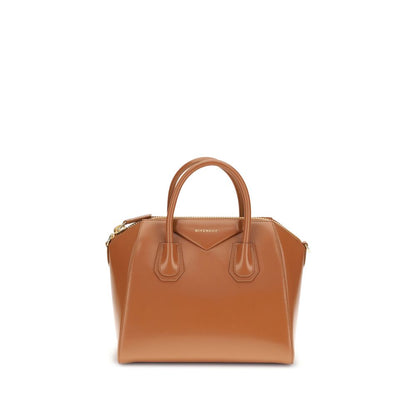 Givenchy Brown Calf Leather Bos Taurus Handbag with glossy finish and laminated logo, featuring two handles and a removable shoulder strap.