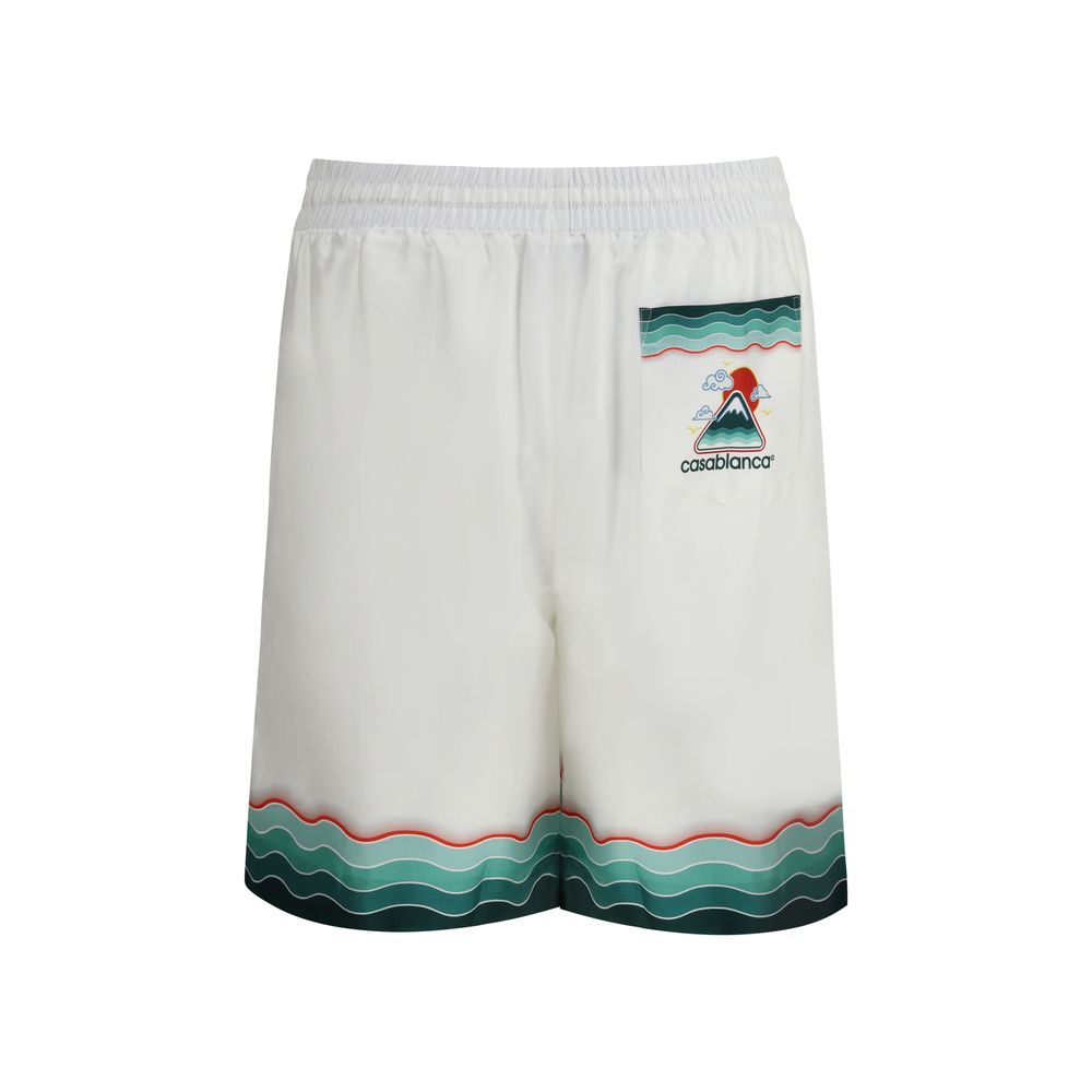 Casablanca White Silk Bermuda Shorts with Japanese-inspired print and elasticated waistband.