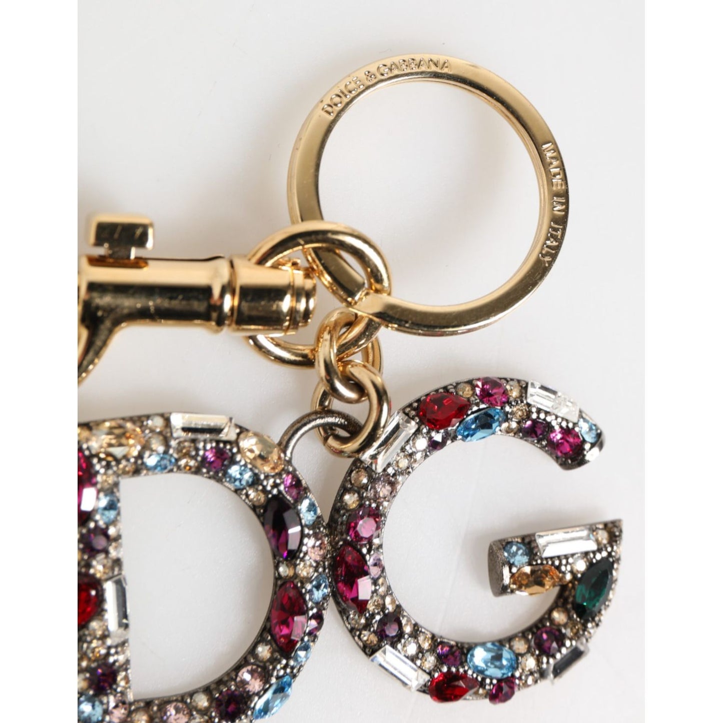 Dolce & Gabbana Multicolor Crystal DG Logo Gold Keychain Charm Keyring with lobster clasp and sparkling embellishments.