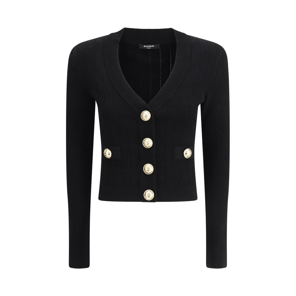 Balmain Black Viscose Cardigan featuring cropped design, v-neck, embossed button closure, monochrome pattern, slim fit, AW25 season.