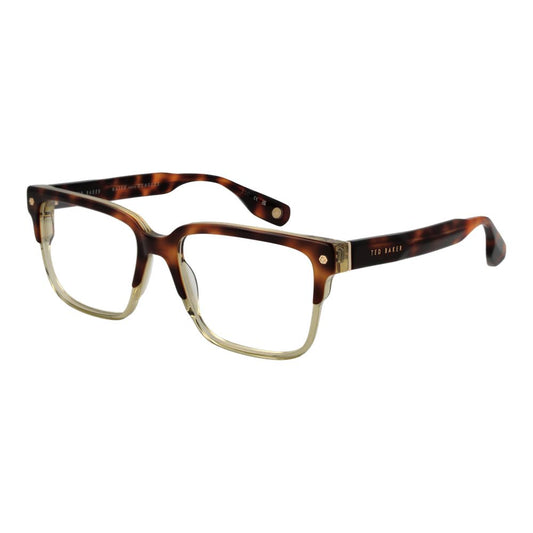 Ted Baker Brown Men Glasses Frame, full-rim acetate design, square style, demo lenses, 56-18-145 dimensions, stylish and elegant.