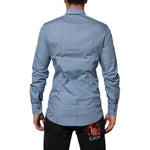 Dolce & Gabbana Blue Cotton Collared GOLD Formal Dress Shirt, back view showcasing classic design with gold accents.