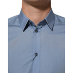 Dolce & Gabbana Blue Cotton Collared GOLD Formal Dress Shirt, sophisticated long sleeve fashion with gold accents for events.