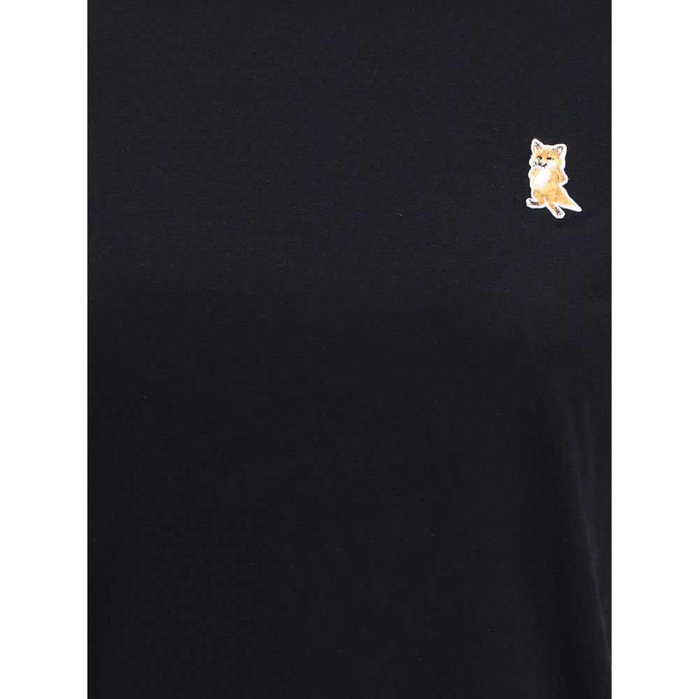 Alt Tag: Maison Kitsuné Black Cotton T-Shirt with embroidered fox patch on chest, featuring ribbed crew neck for a casual polished look.