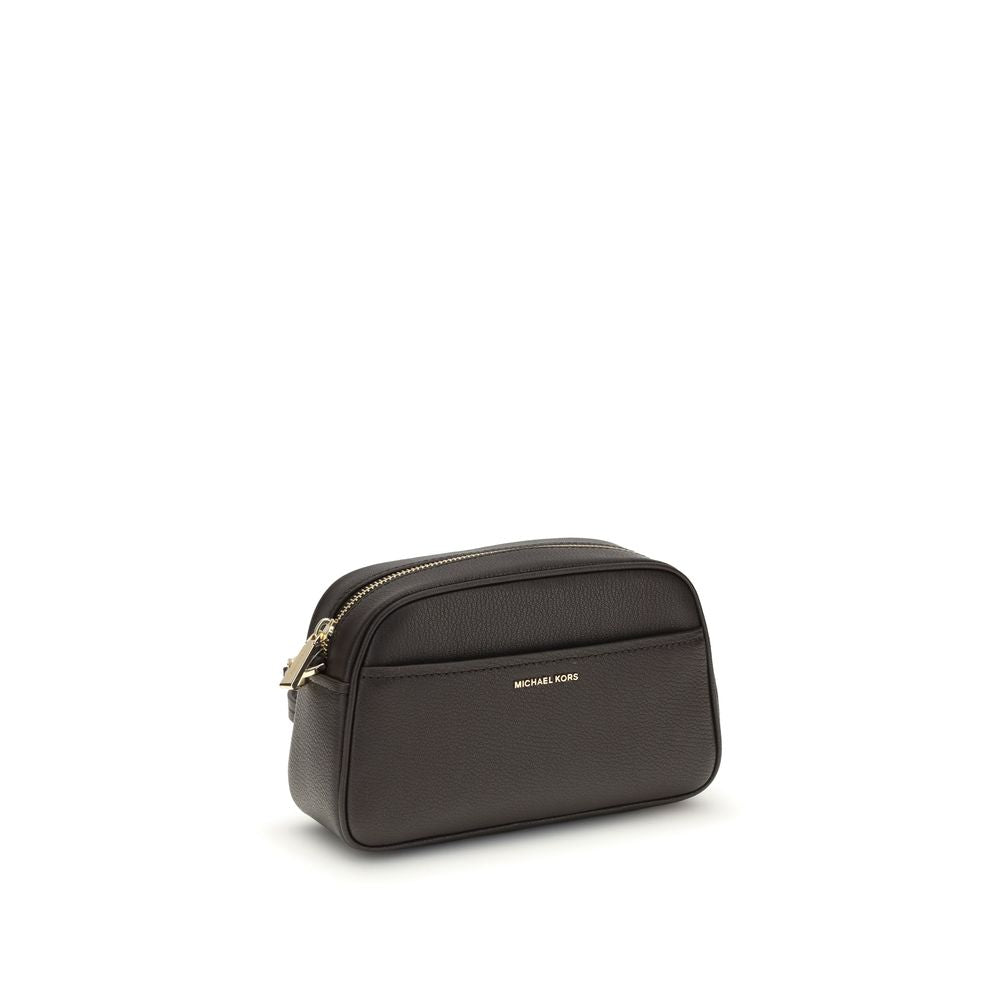 Michael Kors Jet Set Bag with adjustable strap and gold-tone details. Elegant design, secure zip, and functional open front pocket.
