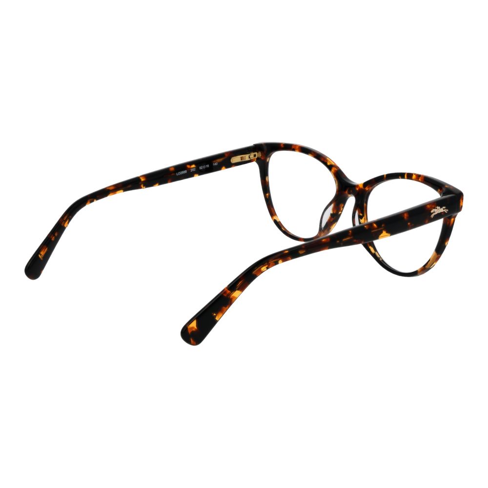 Longchamp Brown Women Glasses Frame in acetate, full-rim cat eye style with demo lenses, size 52-16-140, includes branded case.
