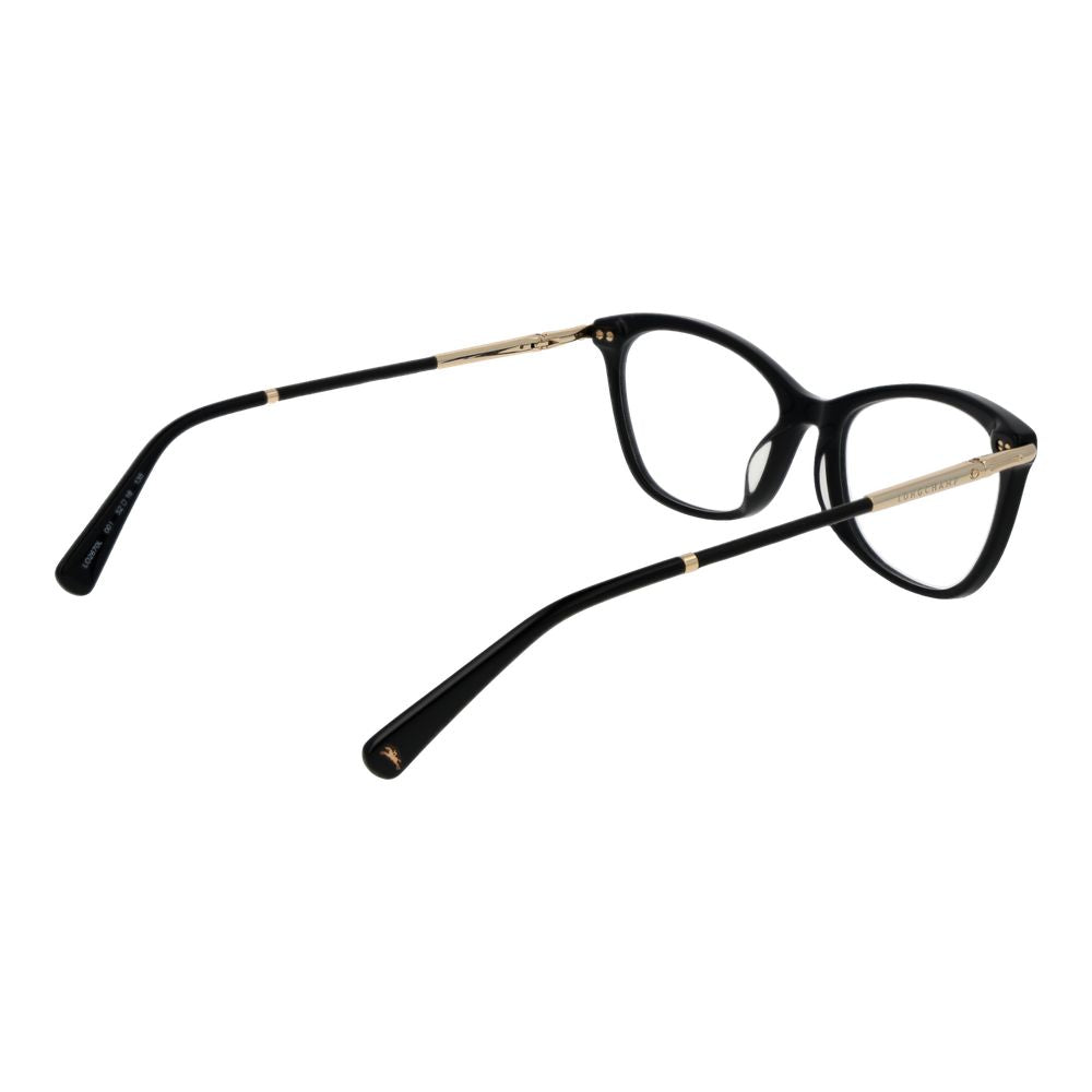 Longchamp Black Women Glasses Frame with cat-eye style, full-rim black plastic frame, and demo lenses, size 52-16-135.