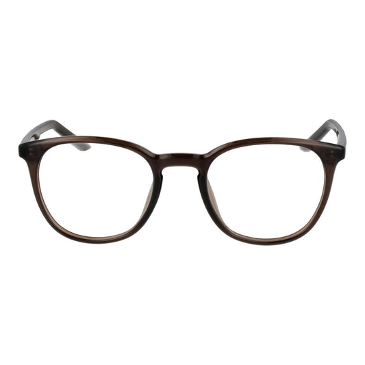 Nike Beige Unisex Glasses Frame with brown full-rim stainless steel design, demo lenses, and a classic round style.