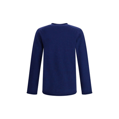 Comme Des Garçons Blue Wool Sweatshirt, ribbed knit texture, long sleeve, round neckline, contemporary design for everyday elegance.
