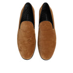 Dolce & Gabbana Brown Suede Slip On Men Loafers Formal Shoes, elegant design, luxury Italian footwear, top view.