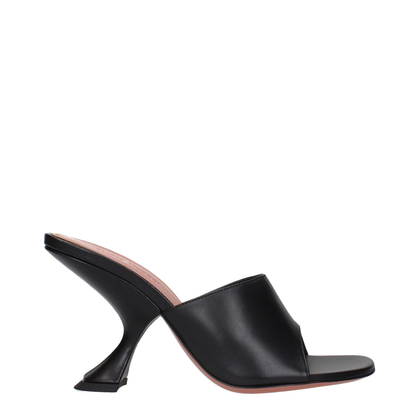 Amina Muaddi Black Leather Stiletto Heel Sandals, side view showcasing unique heel design and sleek leather finish.