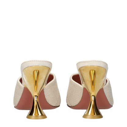 Amina Muaddi Beige Fabric Slippers with gold cone heels, MPN TAYLORWOVENSLIPPERWOVENBEIGE, code F84592, rear view of designer sandals.