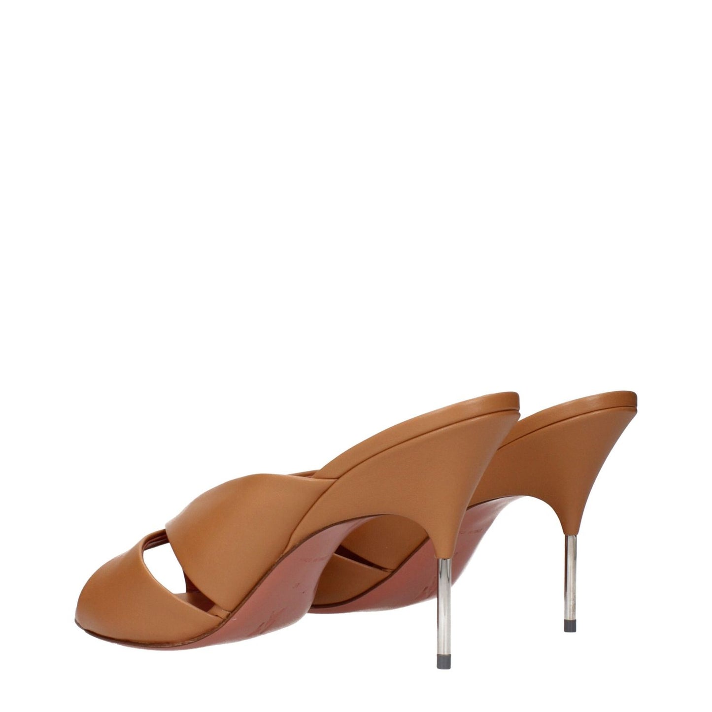 Amina Muaddi Brown Leather Stiletto Heel Sandals, back view showcasing elegant design with slender stiletto heels and brown leather finish.