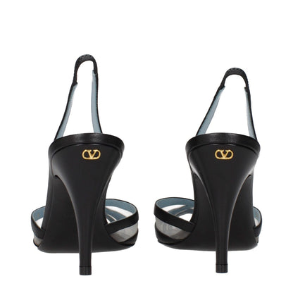 Back view of Valentino Garavani Black Leather High Heel Pumps with gold logo and pointy toe design.