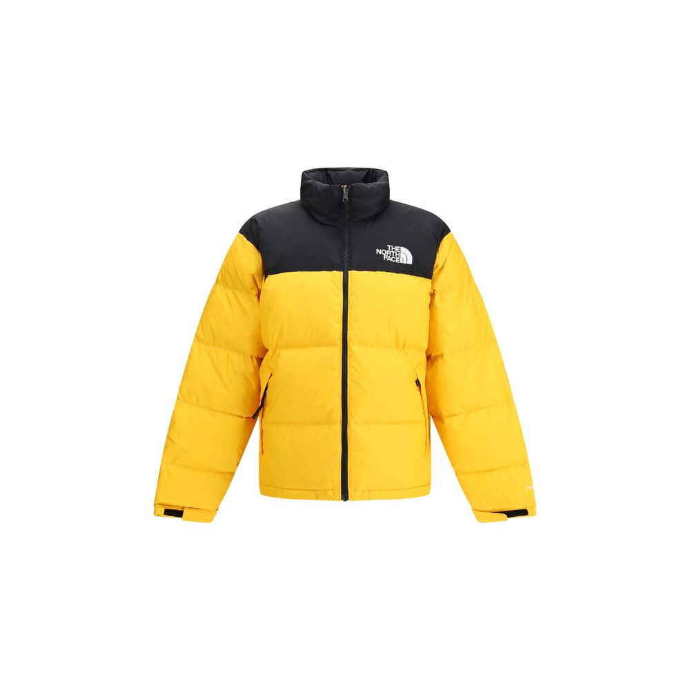 The North Face Yellow Polyamide Shell Jacket with high collar and removable hood, quilted with contrasting black and yellow design.
