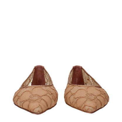 Front view of Amina Muaddi Beige Fabric Ballet Flats with lace embellishment, showcasing elegant design features.