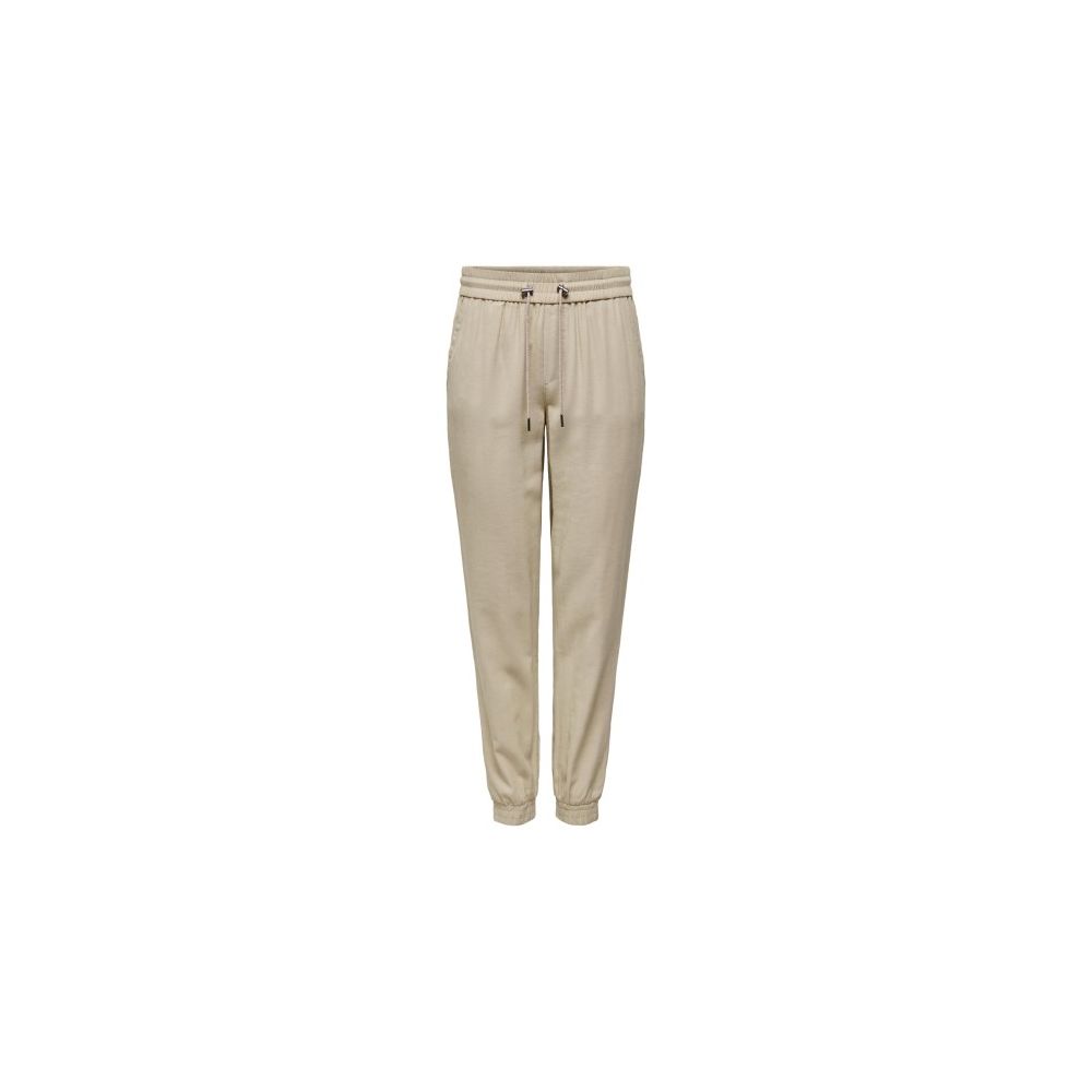 Only Beige Viscose Casual Pants with elastic cuffs for women, offering comfort and style for any occasion, made from viscose and polyester.