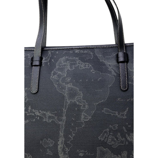 Alviero Martini Prima Classe Black Polyester Handbag with geographic pattern and leather straps, elegant and durable design.