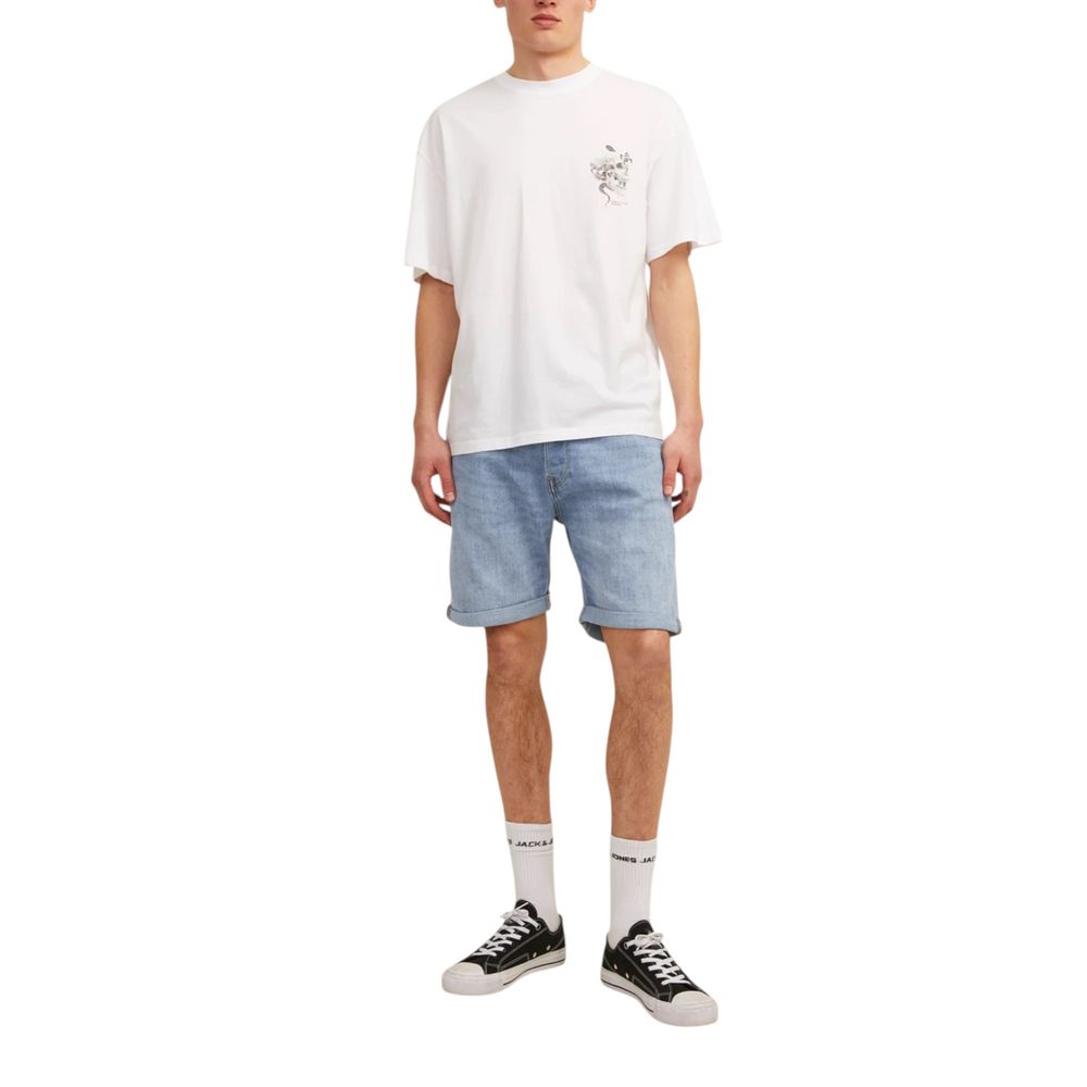 Man wearing Jack Jones Light Blue Cotton Bermuda Shorts with a white t-shirt and sneakers