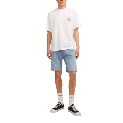 Man wearing Jack Jones Light Blue Cotton Bermuda Shorts with a white t-shirt and sneakers