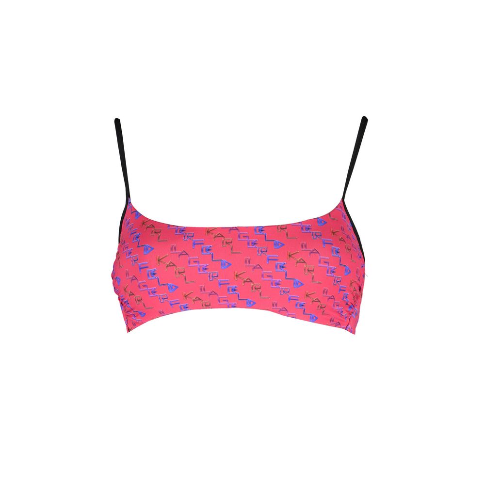 Karl Lagerfeld Red Elastane Swimwear bandeau top with logo, lined interior, removable padding, neck lacing, and clip closure.