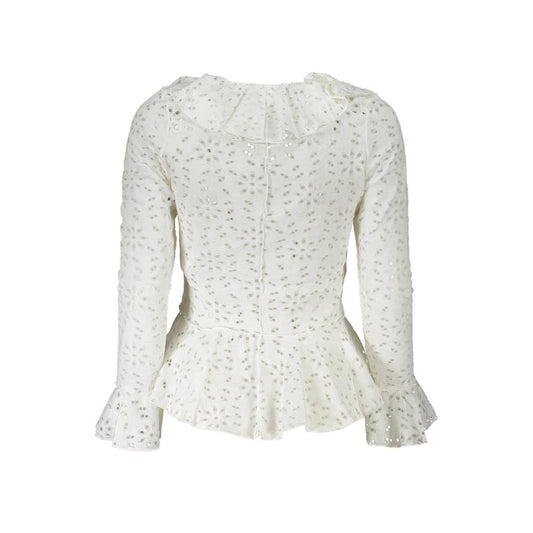 Desigual White Cotton Shirt with long sleeves, V neckline, elastic cuffs, contrasting details, and logo.