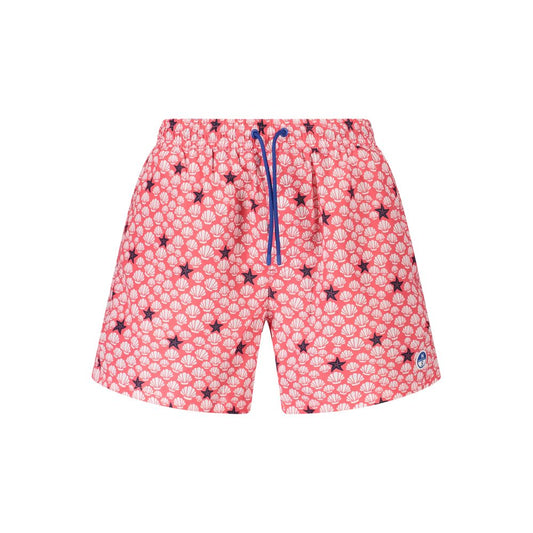 North Sails Red Polyester Swimwear, patterned swim boxer with elastic waist, laces, and logo application.