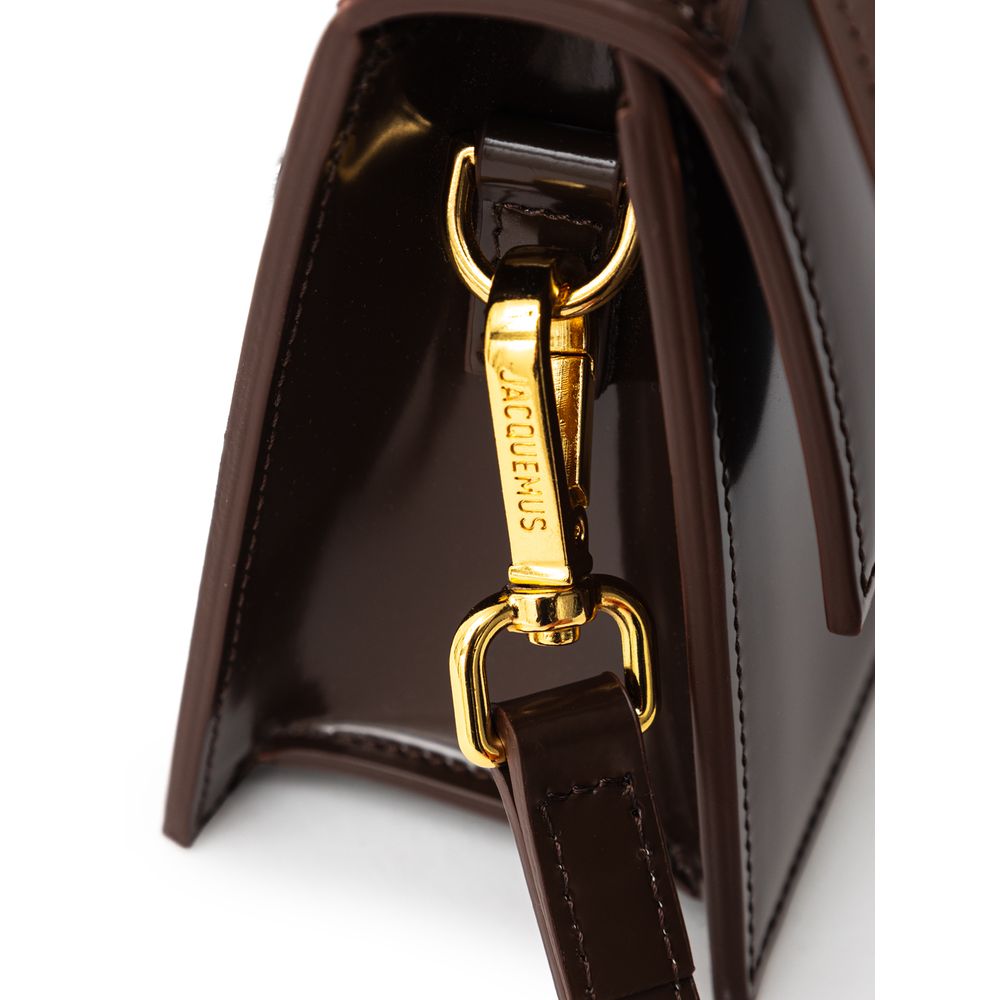 Jacquemus Brown Leather Handbag with gold hardware close-up view