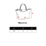 Diagram showing dimensions of a handbag with labeled measurements in cm: A: 23.5, B: 13, C: 7.