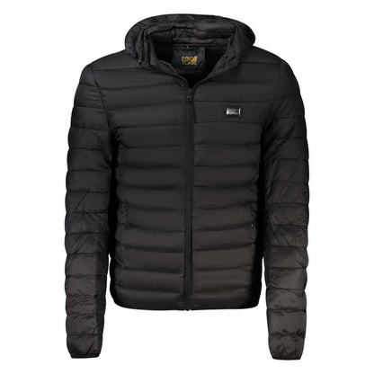Cavalli Class Black Polyester Men Jacket with removable hood and zip, featuring 2 external pockets and an applique logo for a modern look.