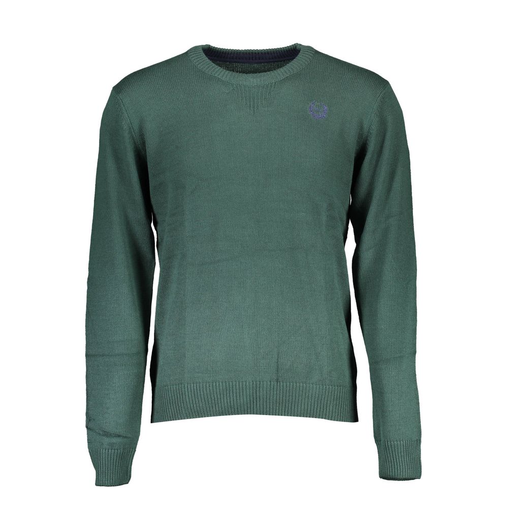 Gianmarco Venturi Green Cotton Sweater, long-sleeved, crew-neck, with embroidery and logo, featuring contrasting details.