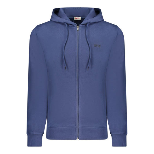 Rifle Blue Cotton Men Sweater with hood, pockets, full zip, and embossed print for casual luxury