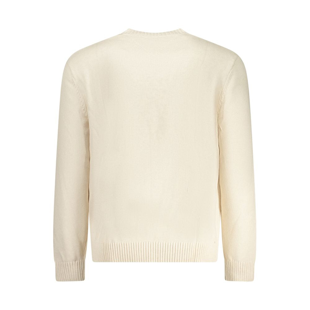 Tommy Hilfiger Beige Cotton Men Sweater with crew neck, featuring delicate embroidery and iconic logo for a chic and comfy style.