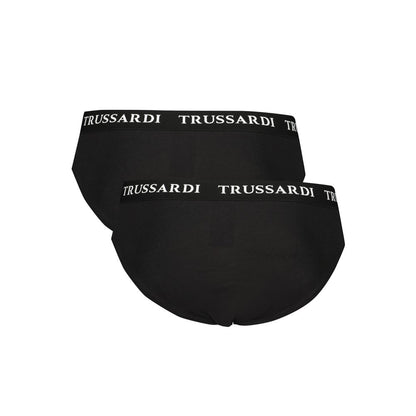 Trussardi Black Cotton Underwear with branded elastic waistband, featuring logo print, bi-pack set.