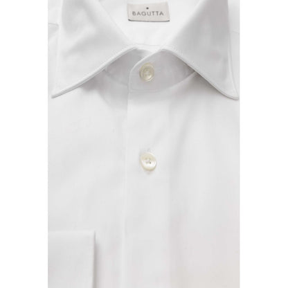 Bagutta White Cotton Top - Men's long sleeve solid white shirt with button fastening, 100% cotton material.