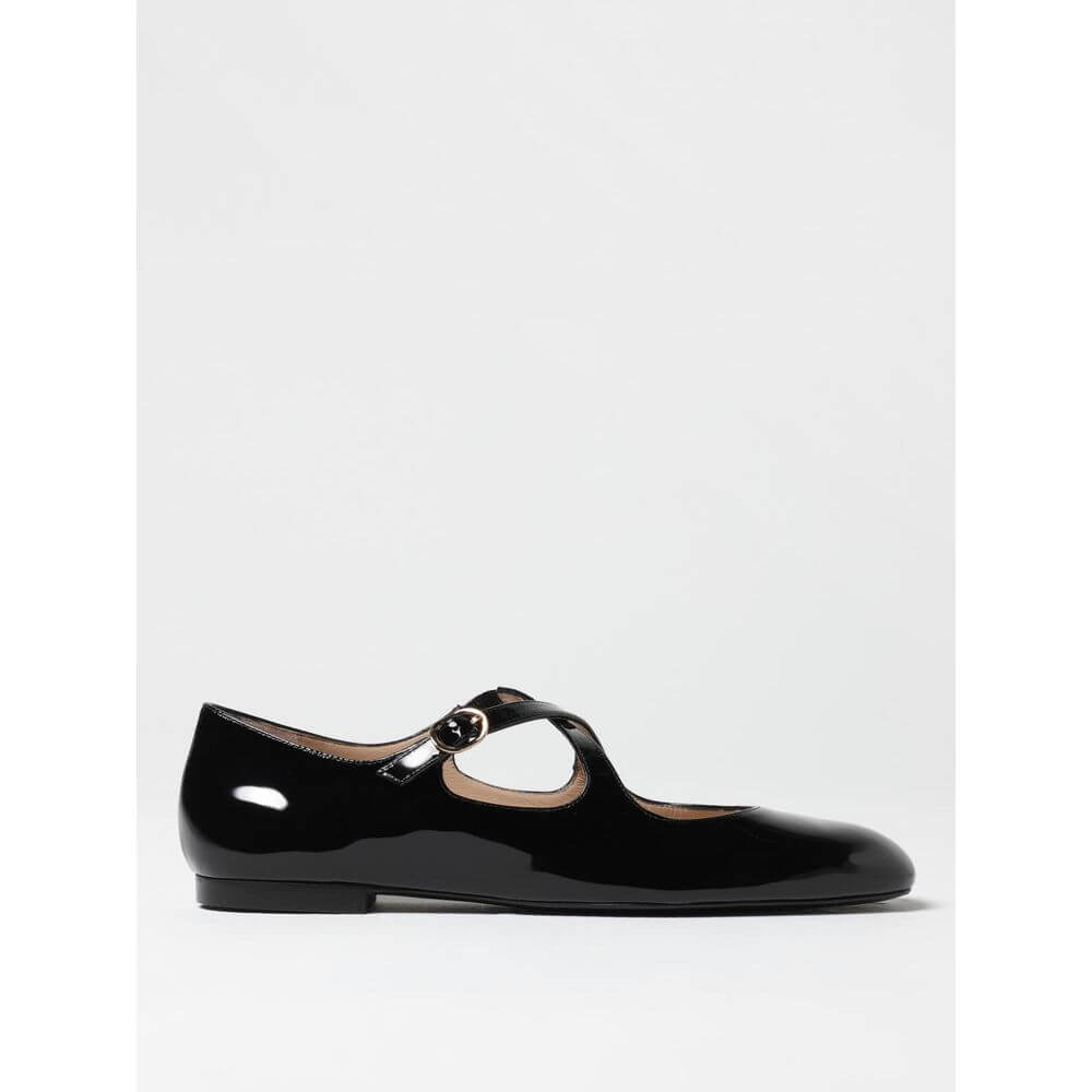 Stuart Weitzman Black Patent Leather Ballet Flats for women in size 6.5, featuring a sleek design and shiny finish.